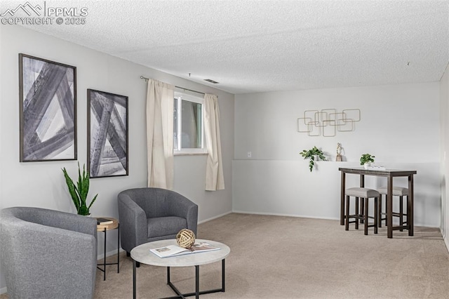 sitting room with light colored carpet and a textured ceiling