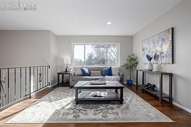 living room with dark hardwood / wood-style flooring