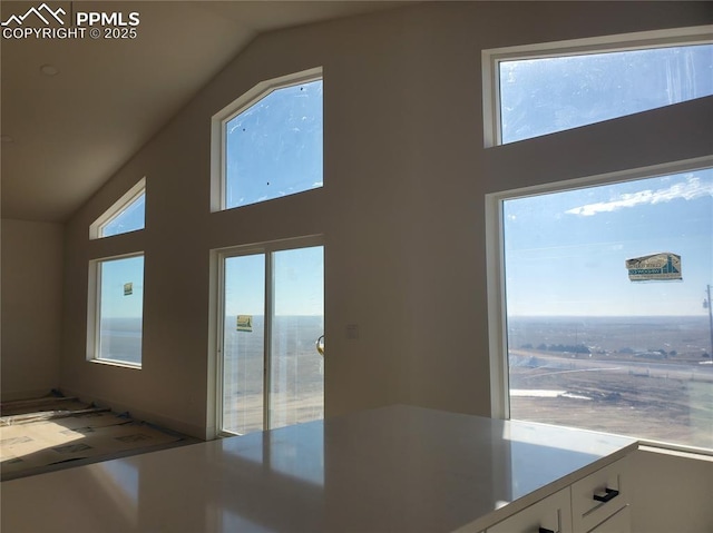 kitchen featuring white cabinetry and high vaulted ceiling