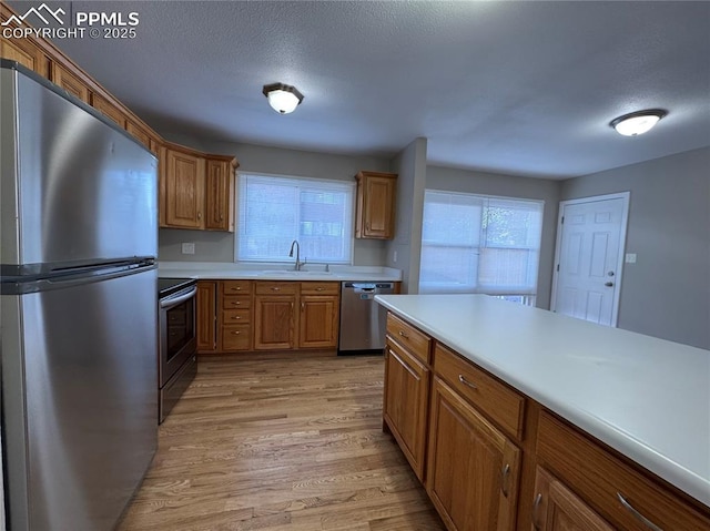 kitchen featuring sink, plenty of natural light, stainless steel appliances, and light hardwood / wood-style floors