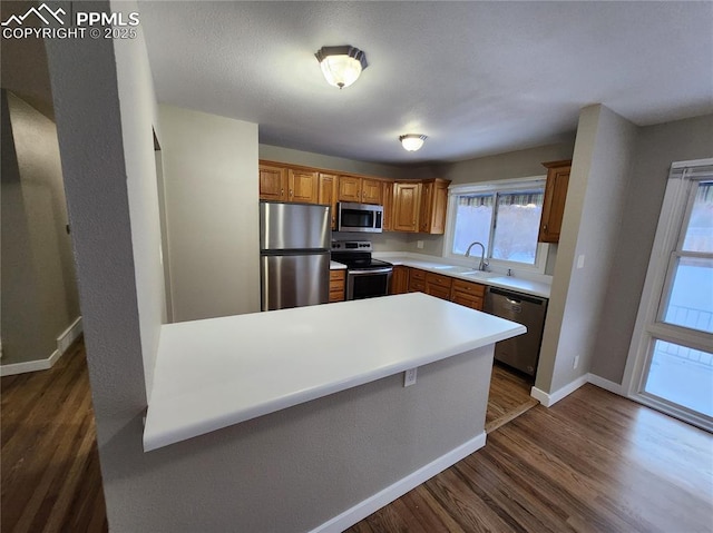 kitchen with appliances with stainless steel finishes, dark hardwood / wood-style floors, and sink