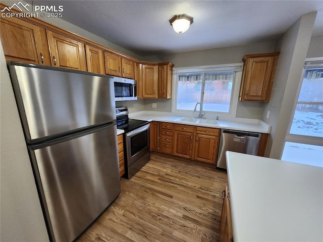 kitchen featuring appliances with stainless steel finishes, light hardwood / wood-style floors, and sink