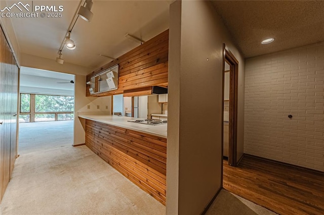 kitchen with light carpet, rail lighting, stainless steel gas cooktop, and brick wall