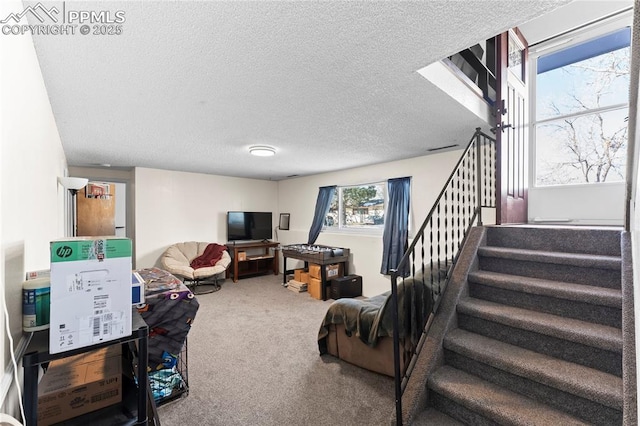 living room featuring carpet floors and a textured ceiling