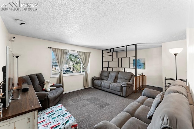 living room with carpet and a textured ceiling