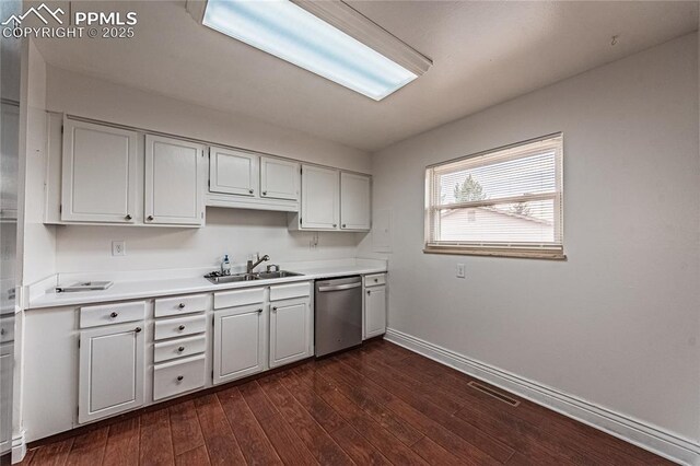 kitchen with white cabinetry, dark hardwood / wood-style floors, dishwasher, and sink