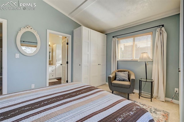 carpeted bedroom with lofted ceiling, ensuite bath, and a closet