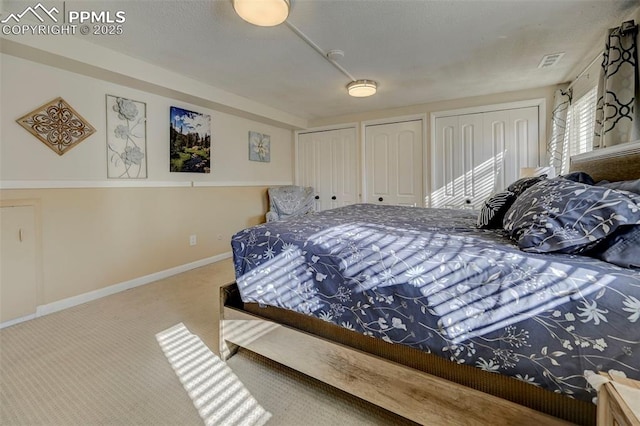 carpeted bedroom featuring multiple closets