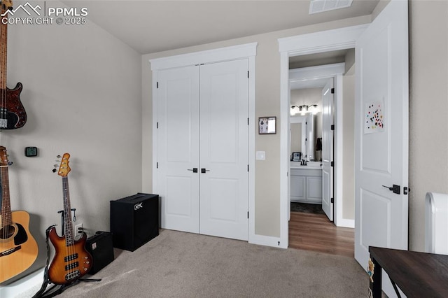 bedroom featuring a closet and carpet