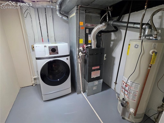 clothes washing area with heating unit, washer / clothes dryer, and gas water heater