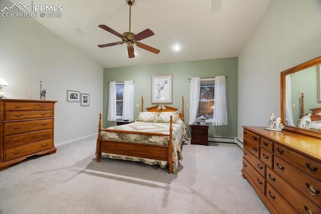 bedroom featuring a ceiling fan, light colored carpet, baseboards, and a baseboard heating unit