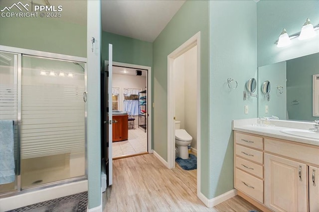 bathroom featuring toilet, wood finished floors, a stall shower, and a sink