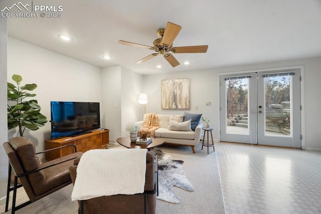 carpeted living room with recessed lighting, french doors, baseboards, and ceiling fan