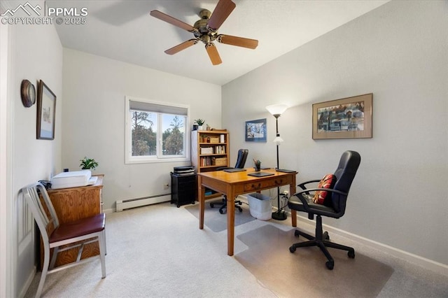 office area featuring a baseboard heating unit, light colored carpet, baseboards, and ceiling fan