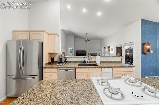 kitchen with a sink, open floor plan, appliances with stainless steel finishes, and light brown cabinetry