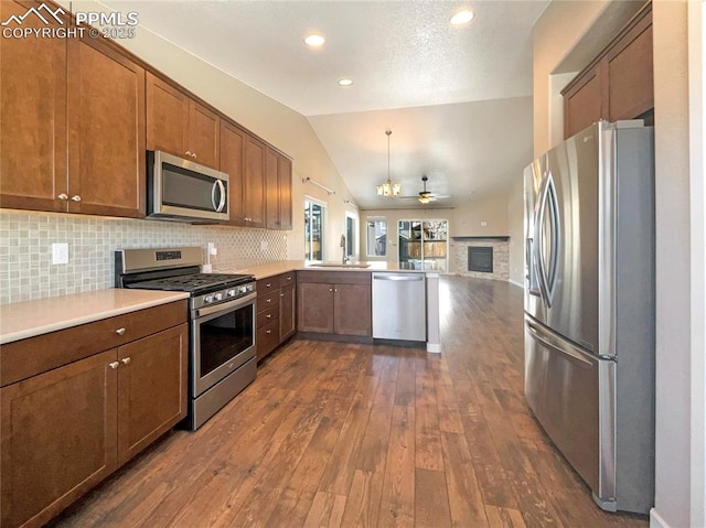 kitchen with tasteful backsplash, lofted ceiling, appliances with stainless steel finishes, and dark hardwood / wood-style flooring