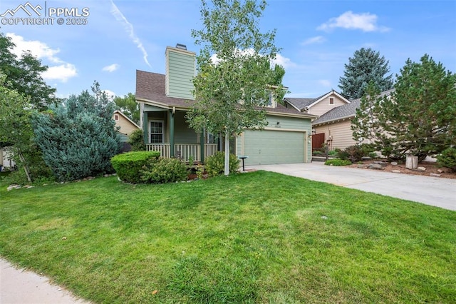 view of front of house featuring a porch, a garage, and a front lawn