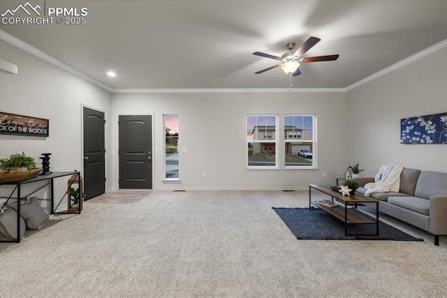 living room with ceiling fan, light colored carpet, and ornamental molding