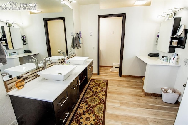 bathroom with wood-type flooring, vanity, and a baseboard radiator