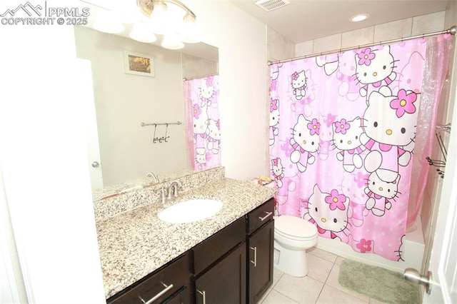 full bathroom with vanity, shower / bath combo, tile patterned floors, and toilet