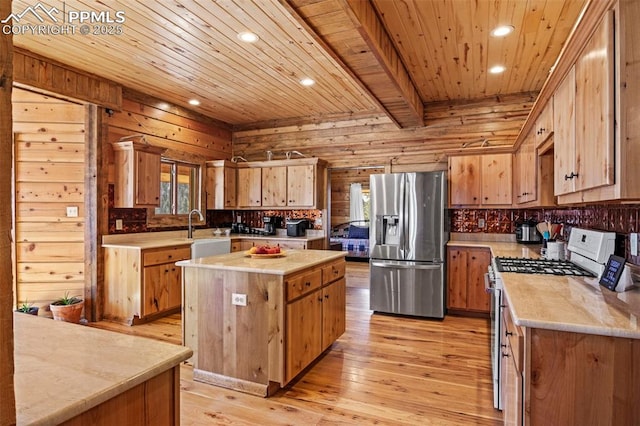 kitchen featuring a kitchen island, white range with gas cooktop, wood ceiling, stainless steel refrigerator with ice dispenser, and light wood-type flooring