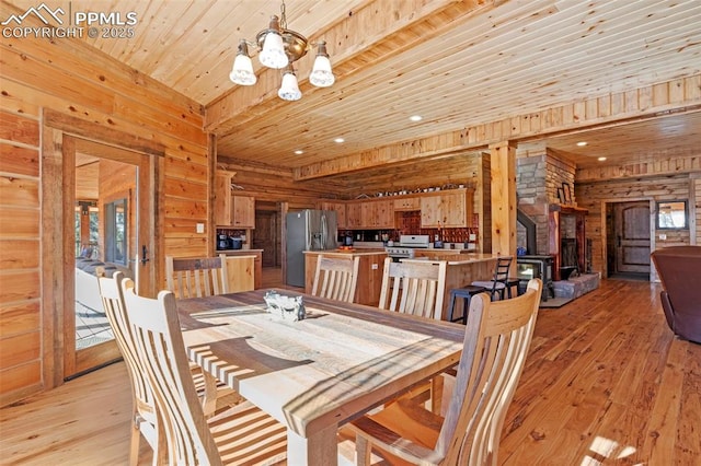 dining space with light hardwood / wood-style flooring, wood ceiling, and wooden walls