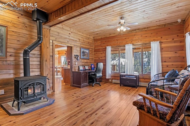 office space featuring wood walls, wood ceiling, a wood stove, ceiling fan, and light hardwood / wood-style floors