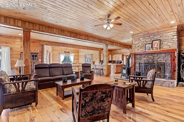 living room with wood walls, light hardwood / wood-style flooring, and wooden ceiling