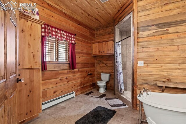 bathroom with wooden walls, independent shower and bath, a baseboard radiator, toilet, and wooden ceiling