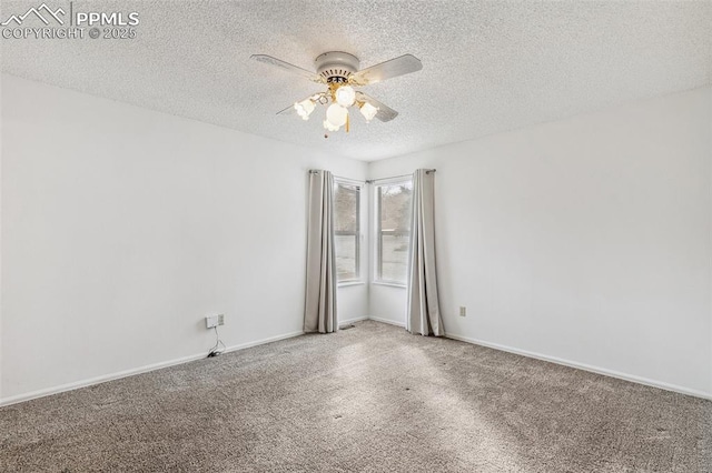 unfurnished room featuring ceiling fan, carpet floors, and a textured ceiling