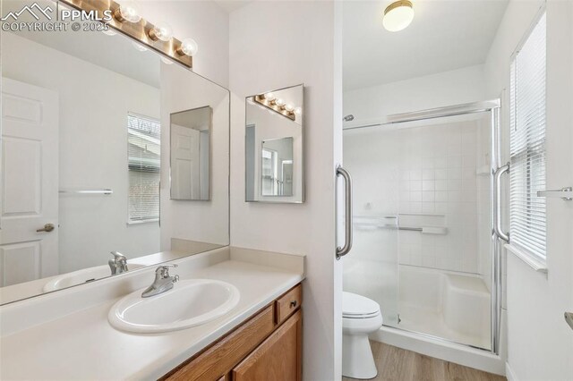 bathroom with hardwood / wood-style flooring, vanity, toilet, and an enclosed shower