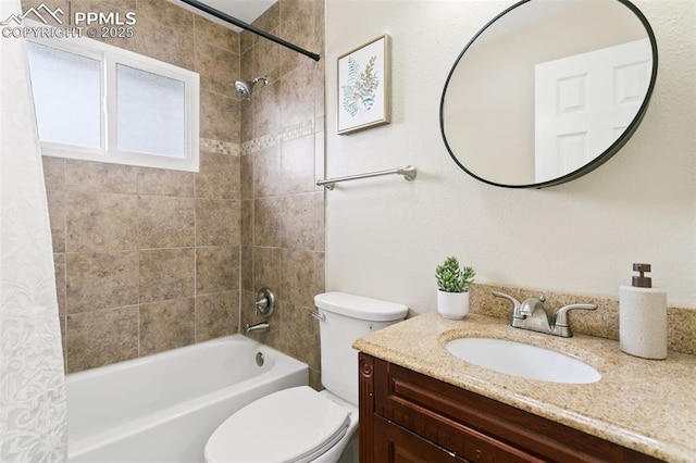 full bathroom with vanity, toilet, and shower / bath combination with curtain