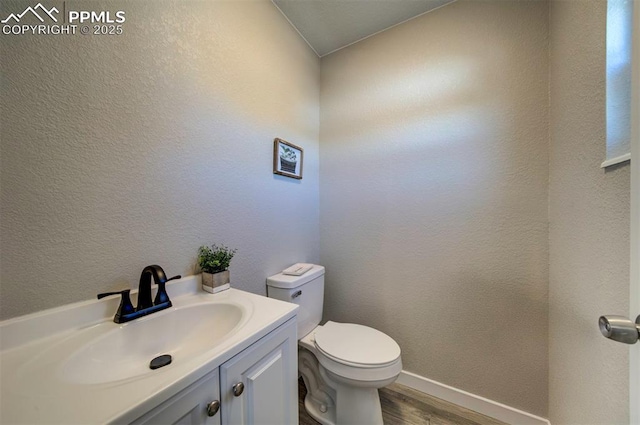 bathroom with vanity, wood-type flooring, and toilet