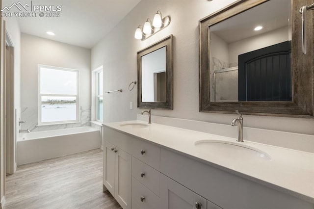 bathroom featuring vanity, hardwood / wood-style flooring, and independent shower and bath