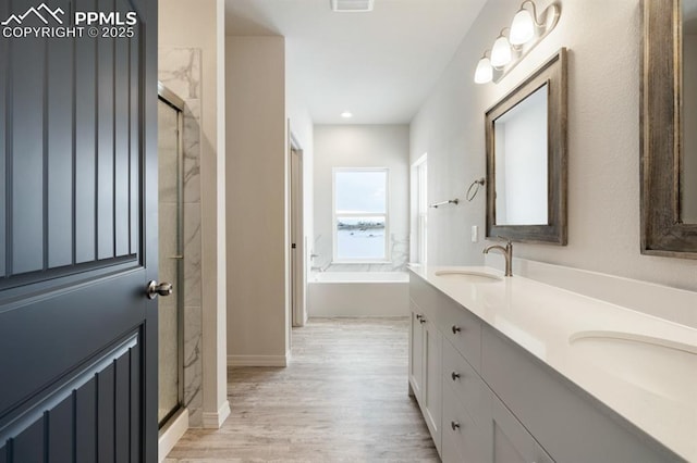 bathroom featuring hardwood / wood-style flooring, vanity, and plus walk in shower