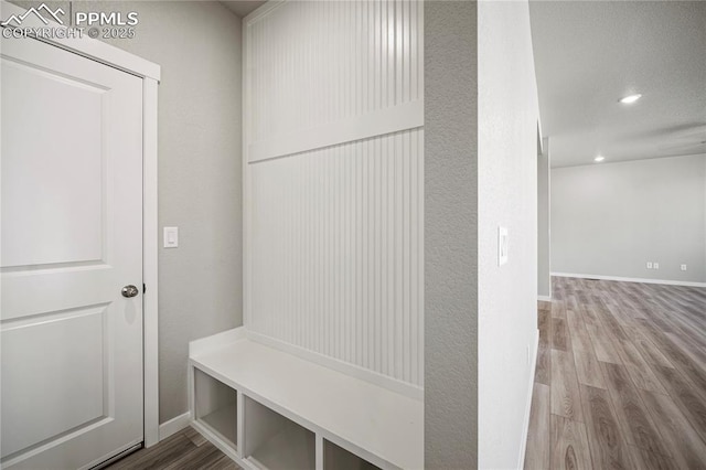 mudroom with wood-type flooring