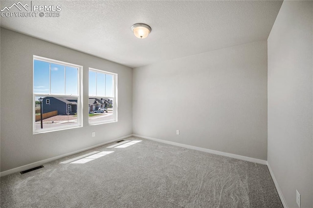 spare room featuring carpet flooring and a textured ceiling