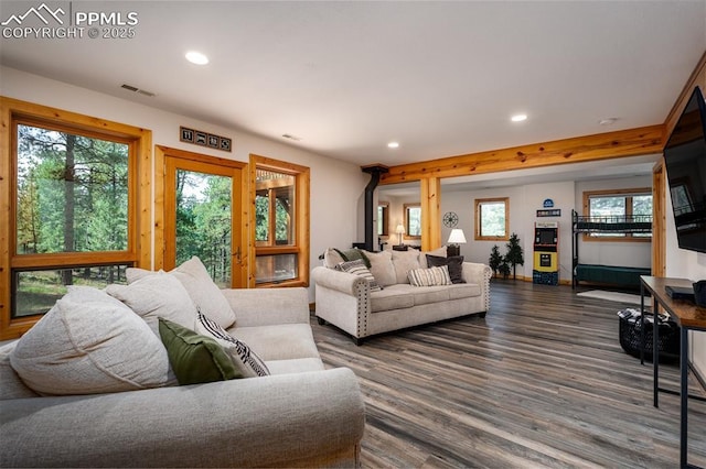 living room with dark hardwood / wood-style floors