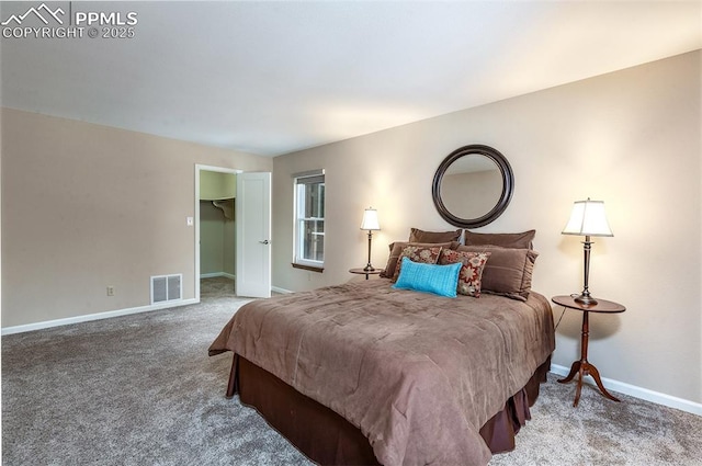 bedroom featuring a walk in closet and carpet flooring