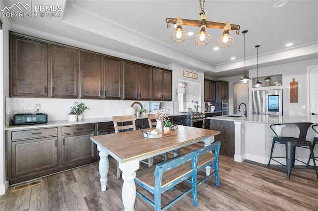 kitchen with hanging light fixtures, an island with sink, appliances with stainless steel finishes, and a tray ceiling