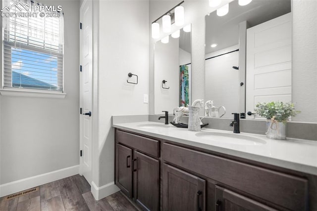 bathroom featuring vanity, a shower with curtain, and wood-type flooring