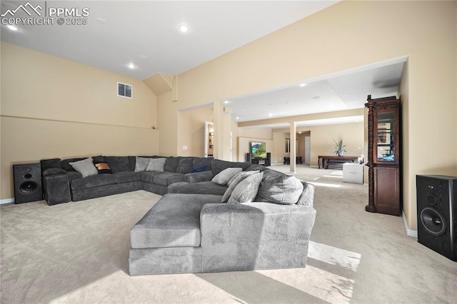 living room with light colored carpet