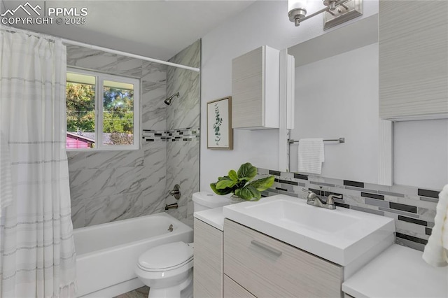 full bathroom featuring vanity, toilet, shower / tub combo, and decorative backsplash