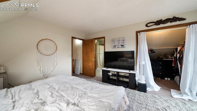 bedroom with lofted ceiling, a spacious closet, a closet, and carpet