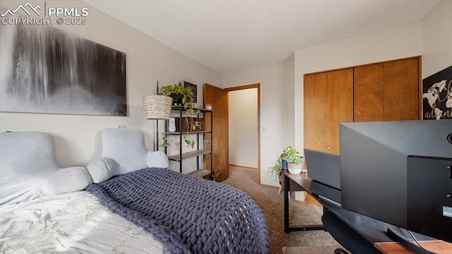 bedroom with carpet and a textured ceiling