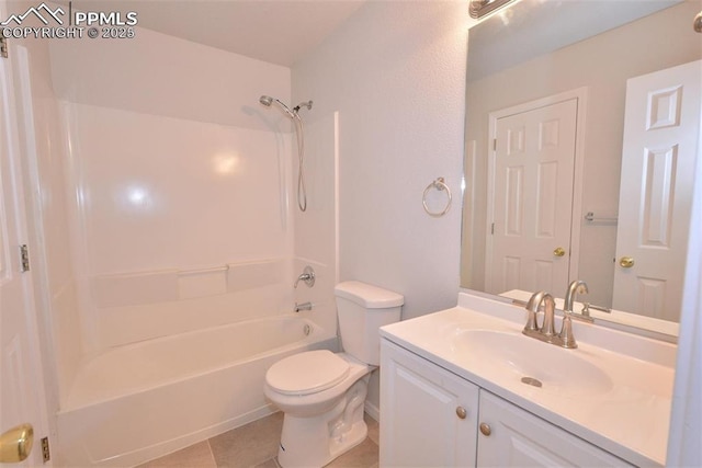 full bathroom featuring shower / tub combination, tile patterned floors, toilet, and vanity