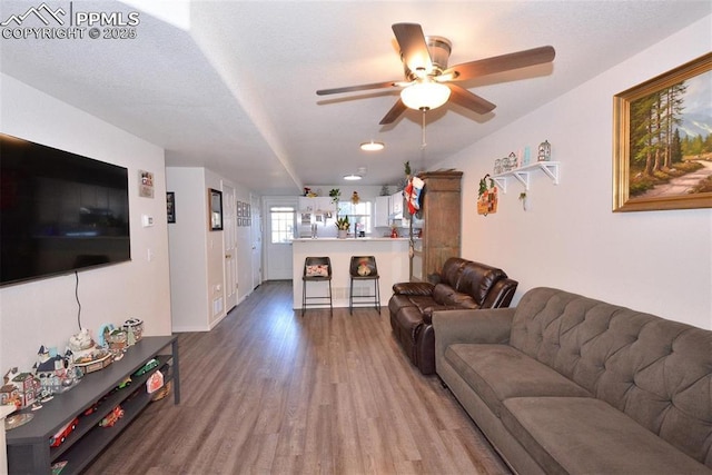 living room featuring wood-type flooring and ceiling fan