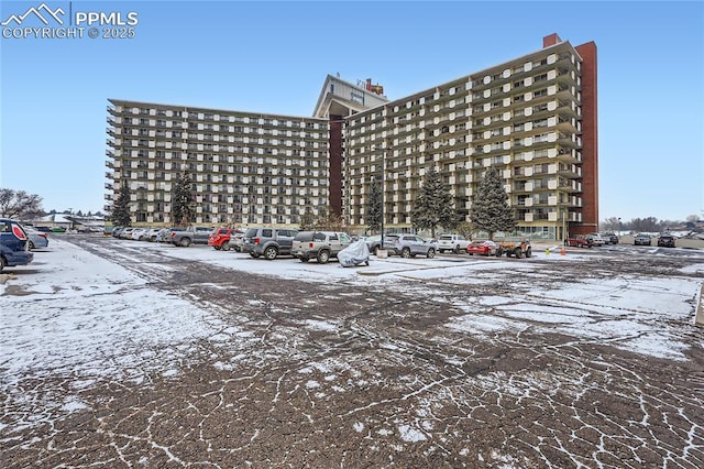 view of snow covered building