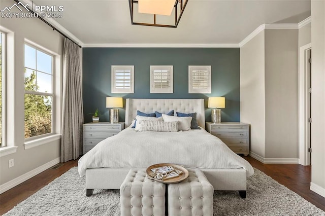 bedroom with multiple windows, ornamental molding, and dark hardwood / wood-style floors