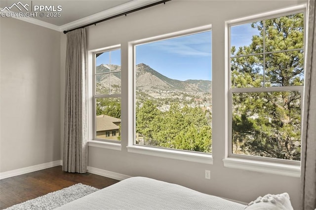 bedroom with ornamental molding, dark hardwood / wood-style flooring, and a mountain view